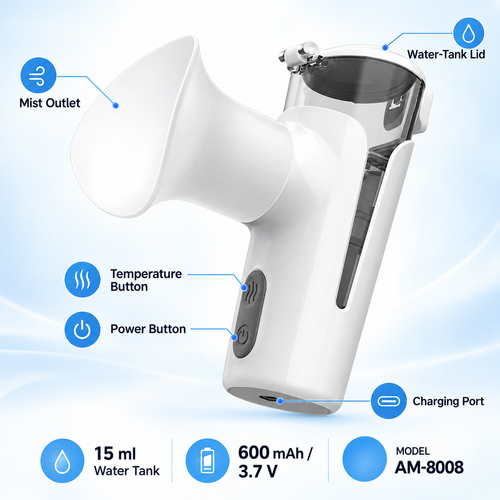 AM-8008 Handheld Warm & Cool Mist Device with 15 ml Water Tank – White