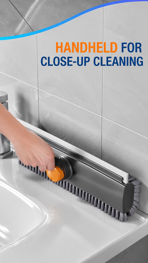 Grey V-Shaped Floor Gap Brush and Squeegee with Long Handle
