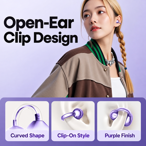 Purple Open-Ear Clip Bluetooth Earbuds with Charging Case