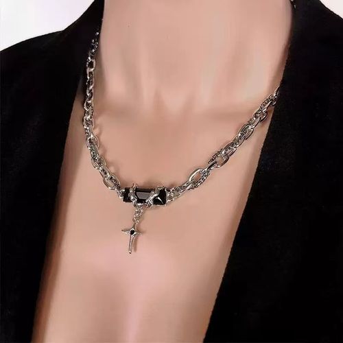 Men's Silver-Tone Chain Necklace with Black Stone Detail