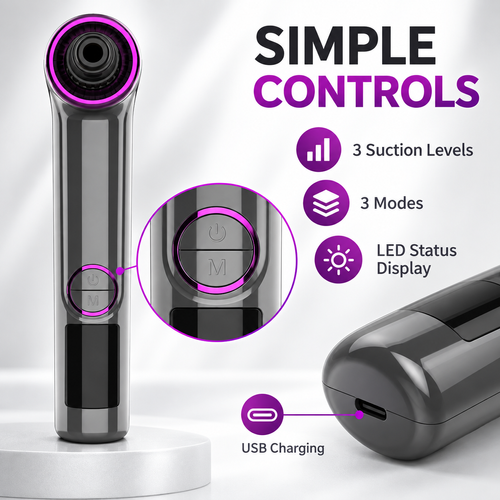 USB-Rechargeable Pore Cleansing Suction Tool with 3 Levels and 3 Modes – Black