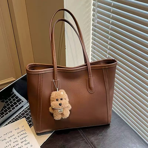 Everyday Tote Bag with Zip Closure and Bear Charm - White, Brown or Black