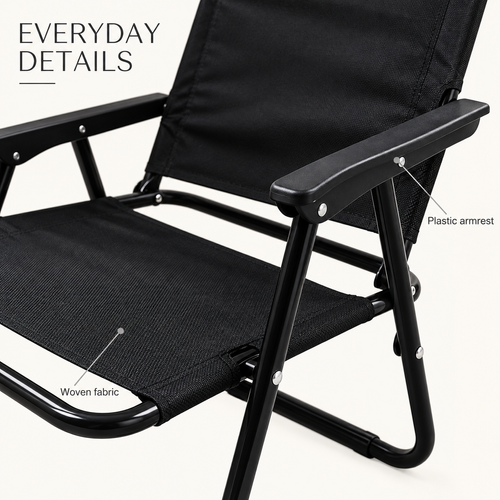 Black Folding Outdoor Chair with Plastic Armrests and Tubular Steel Frame