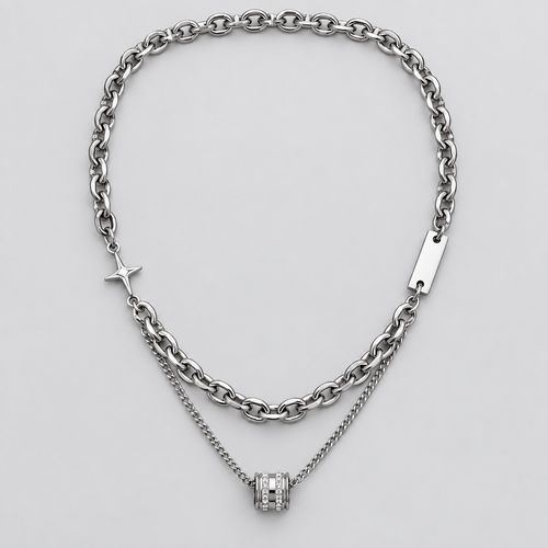Layered Titanium Steel Necklace for Men - Silver Tone