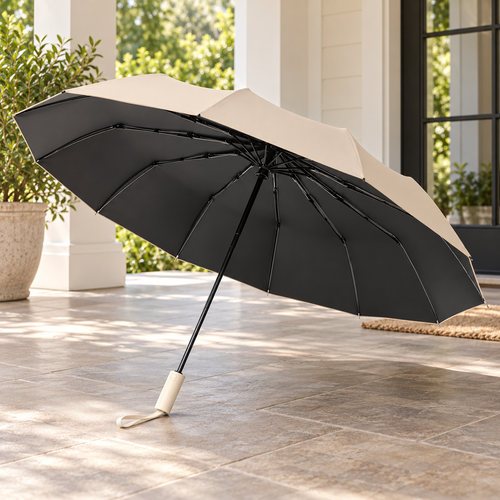 Cream Automatic Folding Umbrella with Black Lining