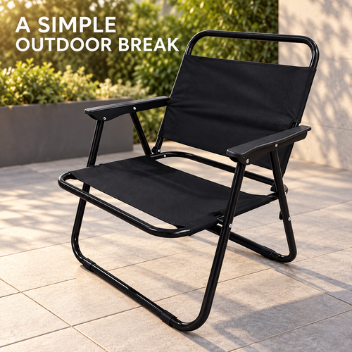 Black Folding Outdoor Chair with Plastic Armrests and Tubular Steel Frame
