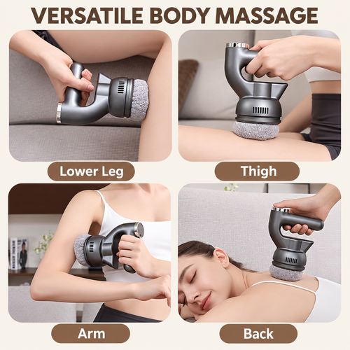 Cordless Handheld Body Massager with Fabric-Covered Rotating Head – Grey