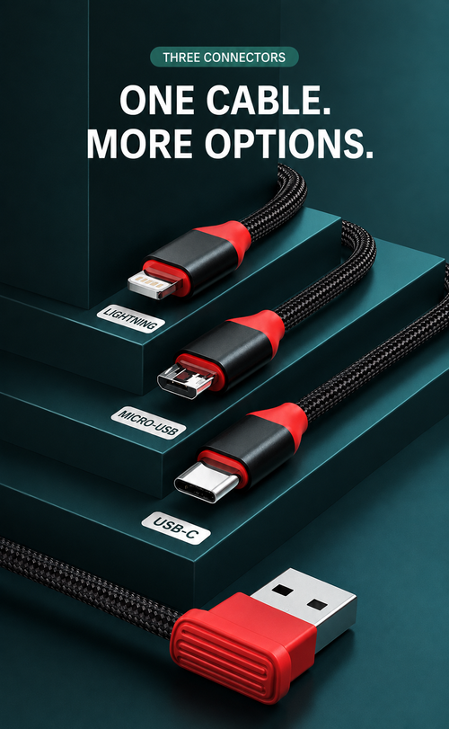 🔌 One cable, three connections! ⚡ Charge Lightning, Micro-USB, and USB-C devices with one compact 3-in-1 cable. Easy to carry, neatly stored, and perfect for everyday charging at home, work, or on the go! 📱✨