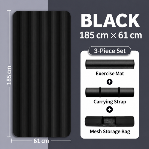 Black 185 × 61 cm Exercise Mat 3-Piece Set