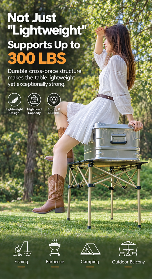 120cm Folding Camping Table, Roll‑Up Lightweight Portable Picnic Table with Carry Bag, Heavy‑Duty Metal Frame, for Camping, Fishing, Beach, Backyard Outdoor Activities
