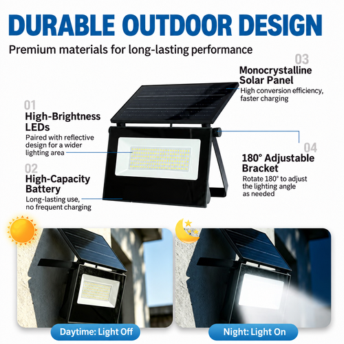 50W Outdoor Solar Flood Light with Adjustable Panel