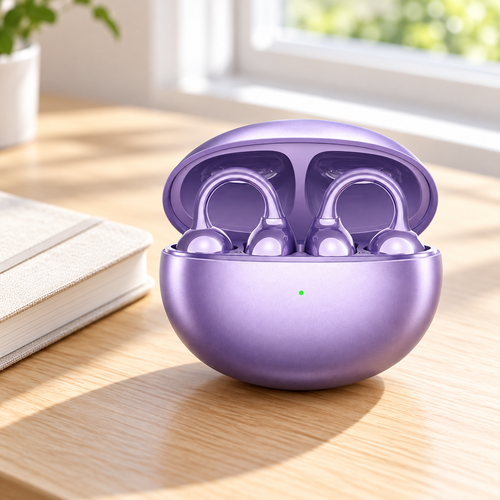 Purple Open-Ear Clip Bluetooth Earbuds with Charging Case