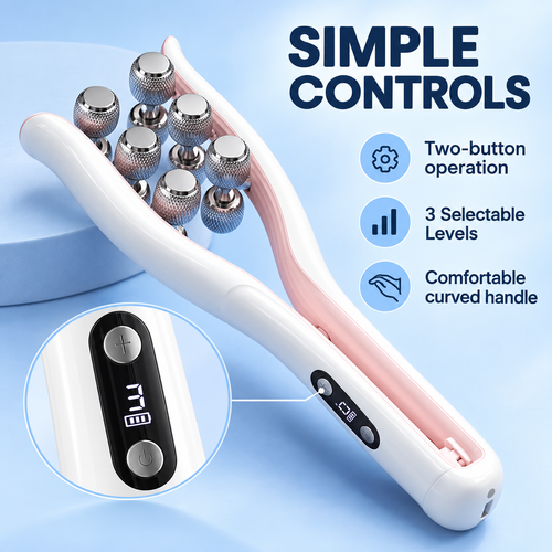 U-Shaped Facial Massage Tool with 6 Rolling Heads and 3 Levels – White & Pink