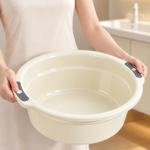 Beige Plastic Wash Basin with Side Handles | 34 cm
