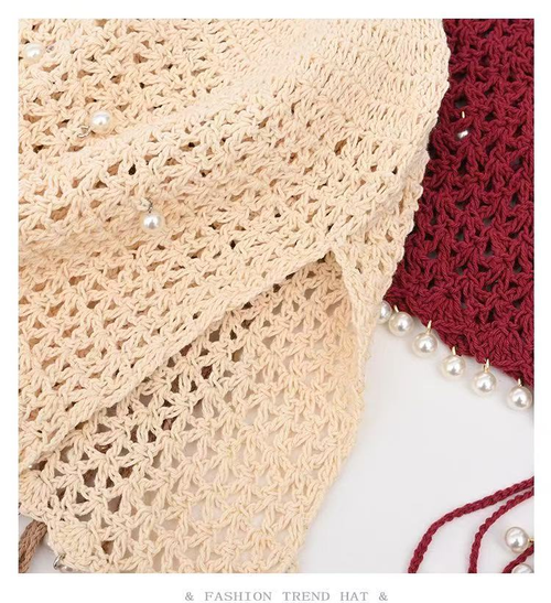 Women's Beaded Crochet Knit Hat - Beige or Red