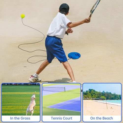 Tennis trainer, including a tennis base and rope set