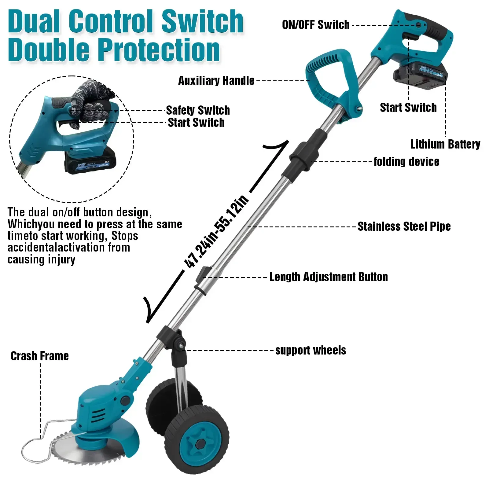 21V Cordless Grass Trimmer with Dual Batteries, Electric Weed Wacker for Garden Yard Farm Lawn Care