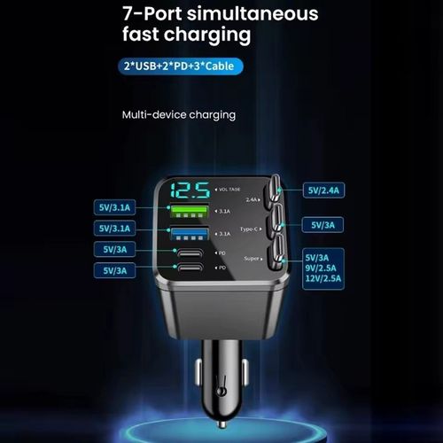 7 in 1 Retractable Car Charger USB Type C PD Retractable Cable for iPhone Samsung Fast Charging Cord Cigarette Lighter Adapter