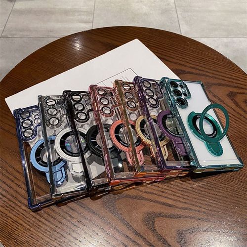 2025 Hot New Release: Electroplated Transparent Four-Corner Airbag Anti-Drop Magnetic Phone Case with Metal Stand for Samsung S25 S24 S23 S22 Ultra Plus