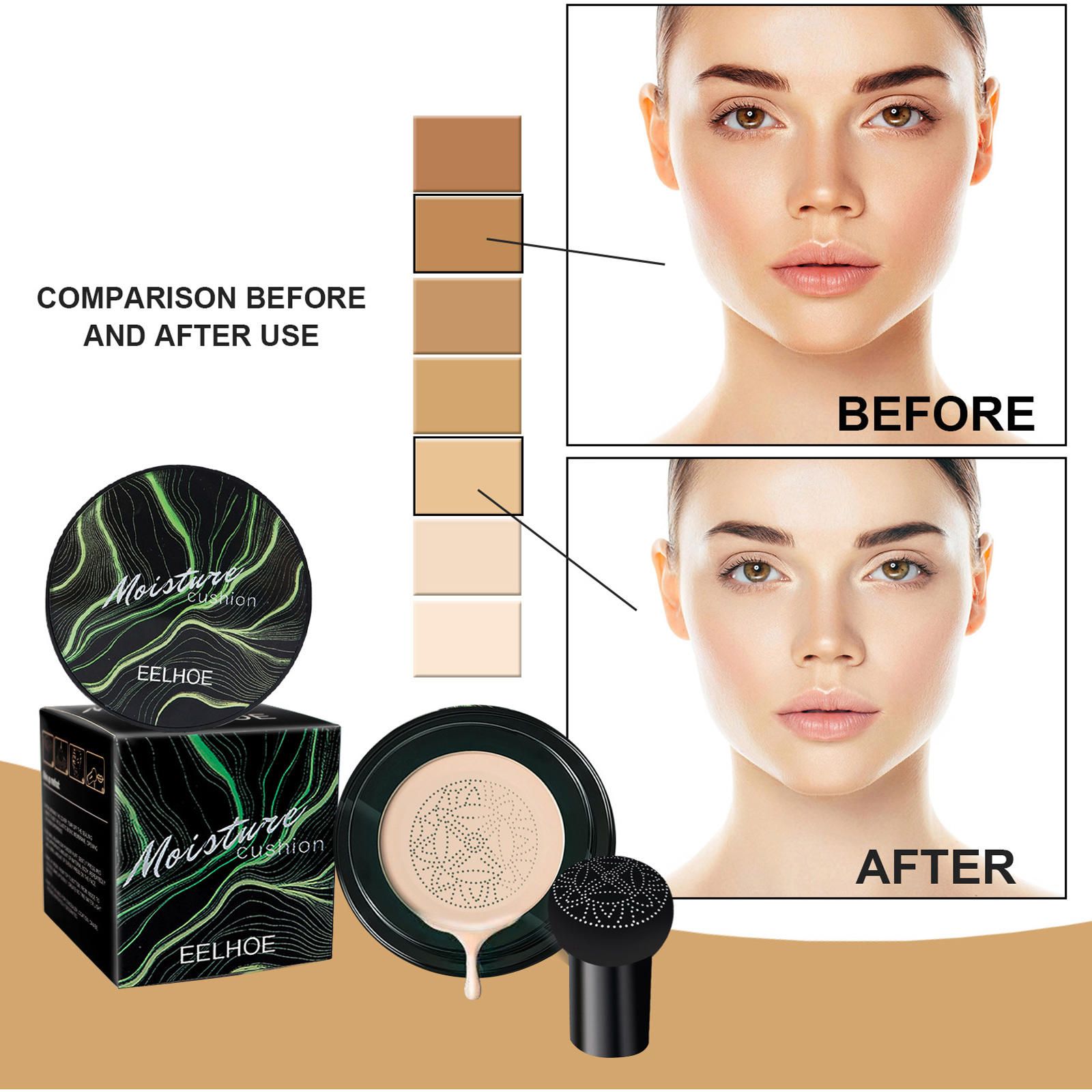Natural Mineral BB Cushion Foundation with Mushroom Sponge - Hydrating, Oil-Control, Whitening & Concealer Makeup, 3 Shades for Women