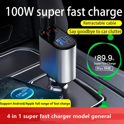4-in -1 Multi- Charging Ports Car Fast Charger with Retractable Charging Cables and PD Charge Mobile Phone Car Charger