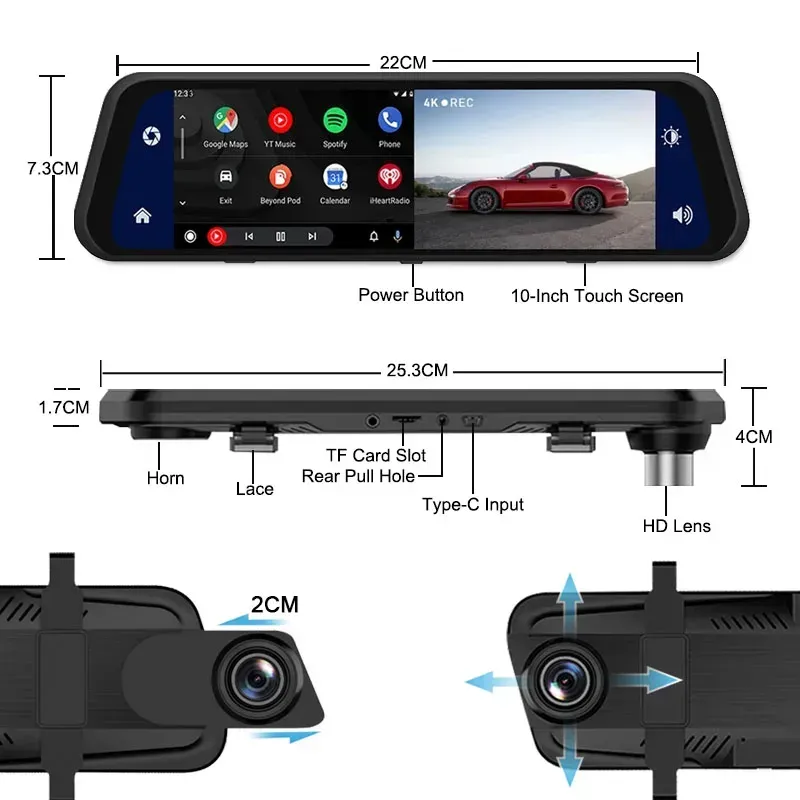Dash Cam 4K 2160P Car Dvr Carplay Android Auto Stream RearView Mirror GPS 5G WIFI FM Radio AUX Dashcam Car Camera Drive Recorder
