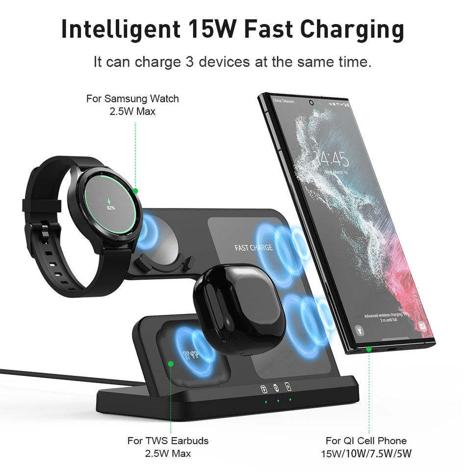 Fast 3-in-1 Wireless Charger: Perfect for Samsung Watch, Phone, Earbuds