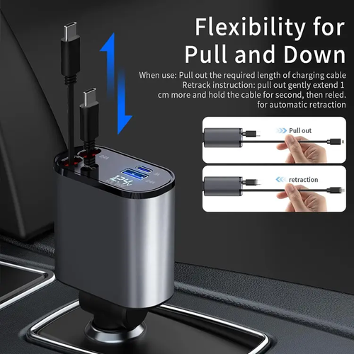 4-in -1 Multi- Charging Ports Car Fast Charger with Retractable Charging Cables and PD Charge Mobile Phone Car Charger