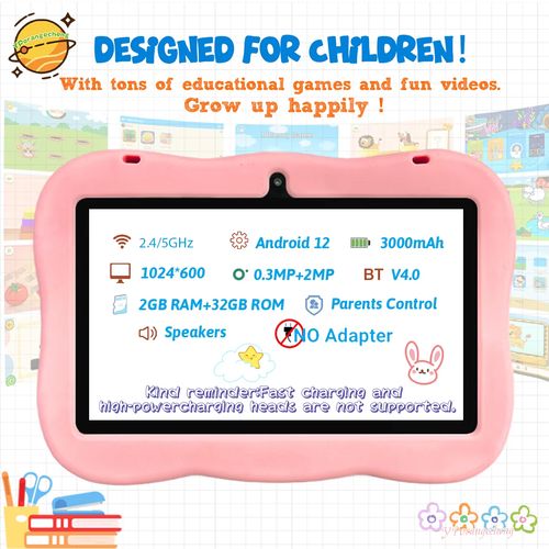 High Performance 2GB 32GB Storage 7-inch MTK Android 12 Wi-Fi Kids Tablets Educational Dual Camera 3000mAh Drop Resistant