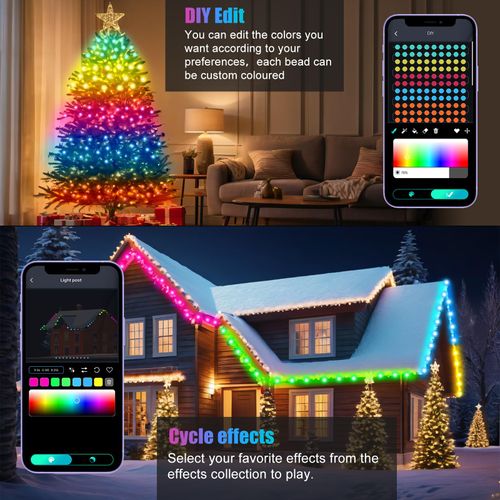 🔥Hot Seller🔥 COD！66-foot (approx. 20-meter) string lights, controlled via app and remote, featuring 200 LED bulbs, RGB smart IC multi-color string lights, suitable for indoor use, with music-synced color-changing effects, IP65 waterproof rating, ideal for bedrooms, parties, DIY projects, and more