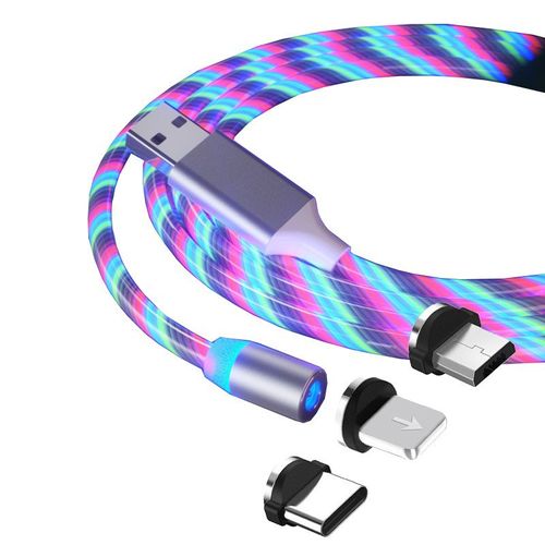 Luminous magnetic absorption data cable 3-in-1 for Apple Android Huawei mobile phone colorful streamer charging cable one drag three