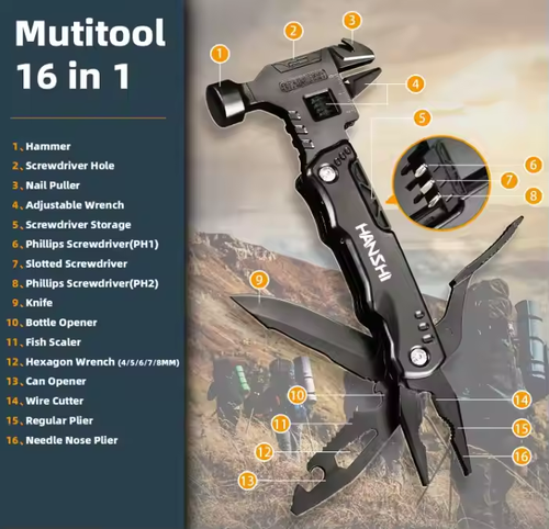 16 in 1 Camping Accessories Survival Multitools Pliers Multitool Adjustable Wrench Hammer