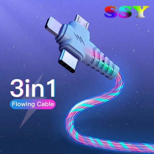 3in1 Flow Luminous Lighting USB Cable for Samsung 3 1 2in1 LED Micro USB Type C 8Pin Charger Wire for iPhone Data Cables