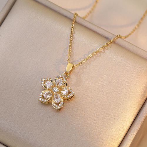 Rotatable Flower Pendant Necklace for Women - Gold Plated Sparkling Zircon Shiny Lucky Spin Jewelry