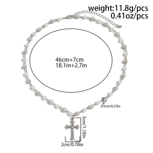 Shine of Devotion: Rhinestone-Encrusted Cross Pendant Pearl Chain Necklace