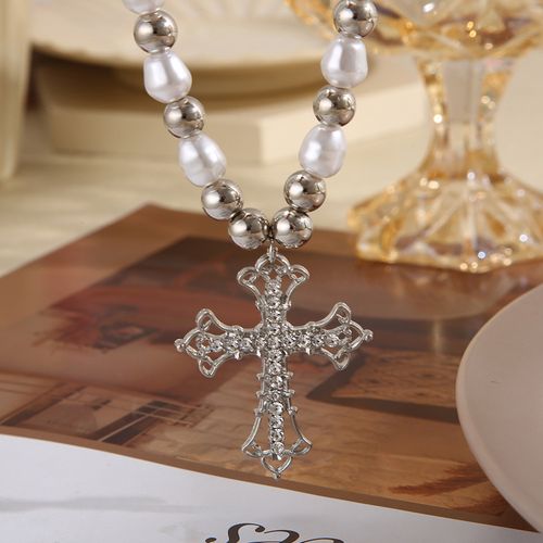 Dainty Pearl Cross Pendant Necklace, Adjustable Silver Beaded Chain for Daily Wear