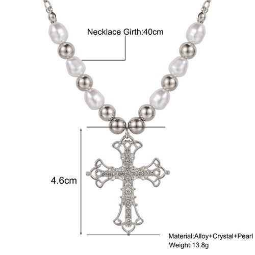 Dainty Pearl Cross Pendant Necklace, Adjustable Silver Beaded Chain for Daily Wear