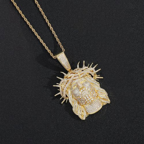 14K Gold-Plated Massive Jesus Head Cubic Zirconia Pendant with Iced-Out Crown – Giant Size
