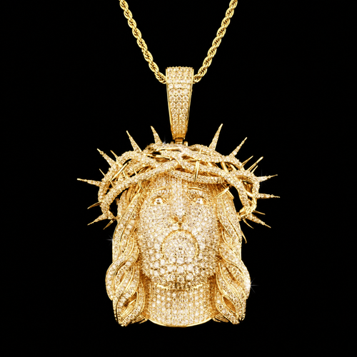 14K Gold-Plated Massive Jesus Head Cubic Zirconia Pendant with Iced-Out Crown – Giant Size