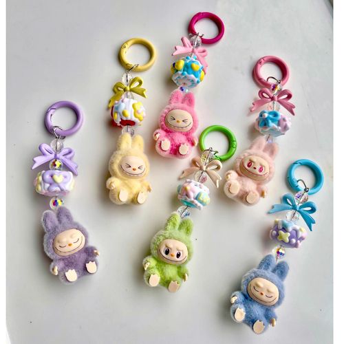 Limited Sale: Mini Cartoon Labubu Flocked Trinkets - Can Serve As Keychains, Phone Pendants and Bag Charms, Available in Purple, Green, Pink, Yellow and Blue, Random Delivery
