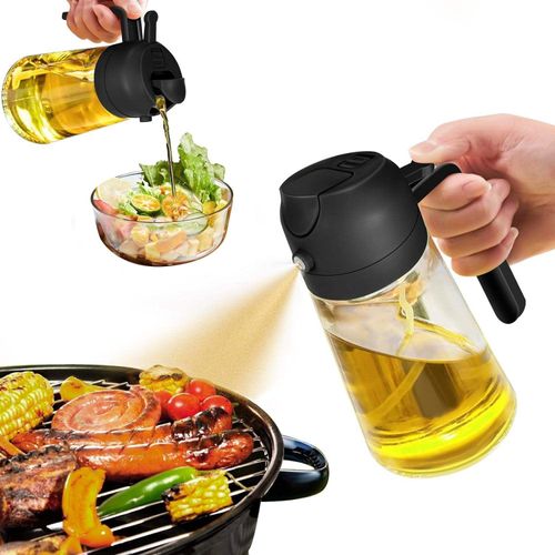 Hot-Selling Household Press-Type Oil Dispenser - 2-in-1 Spray & Pour, Glass & Plastic Material, 470ML Capacity, Colors Shipped Randomly