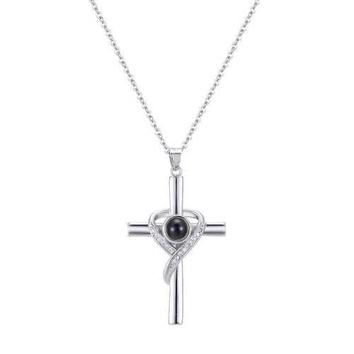 Creative Heart-shaped Projection Cross Necklace with Bible Passage Elements, Made of Pure Copper with Electroplating Craft, Light Luxury Style, Fashionable and Versatile, Colors Shipped Randomly