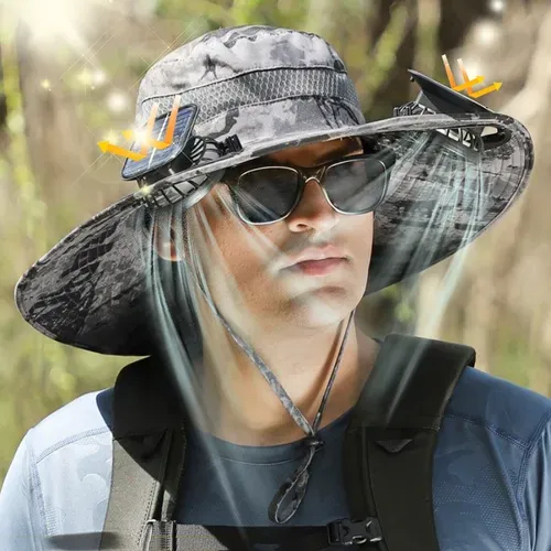 Hot Selling Summer Outdoor Wide Brim Solar Fan Sun Hat for Men and Women - Hiking Sun Protection with USB Charging and Dual Solar Cooling Fan