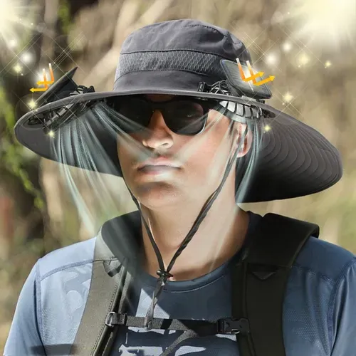 Hot Selling Summer Outdoor Wide Brim Solar Fan Sun Hat for Men and Women - Hiking Sun Protection with USB Charging and Dual Solar Cooling Fan