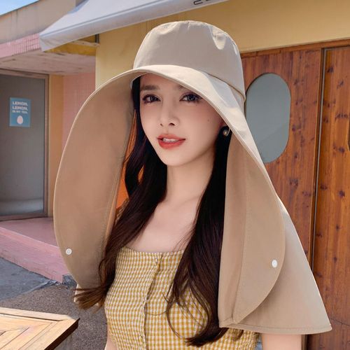 Large shawl sun protection Muslim hat, women's neck protection hat, wide brim shawl sun protection ponytail hat