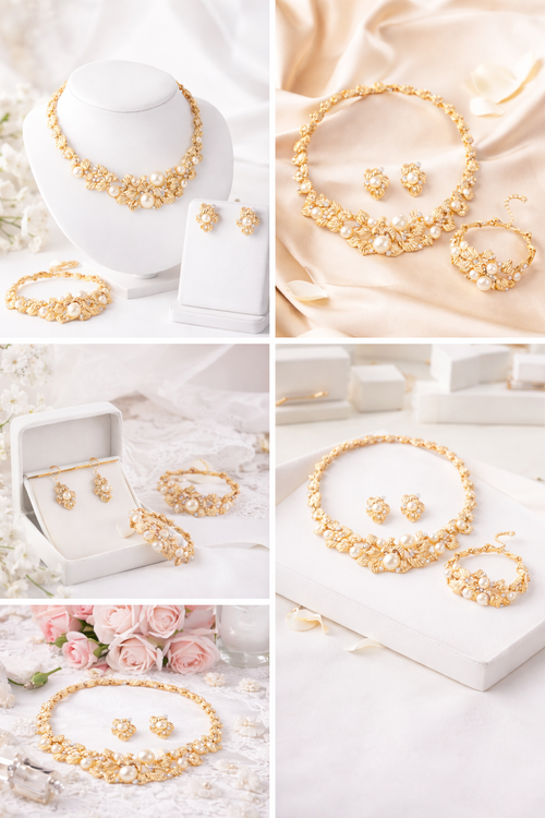 Conjunto de colar e brincos de flores vazadas com pérolas imitando, para mulheres, acessórios para noivas e festas