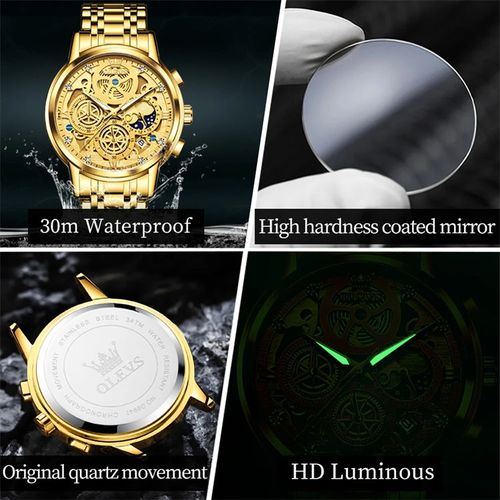 Relógio de quartzo em ouro com design perfurado e resistente à água para homem