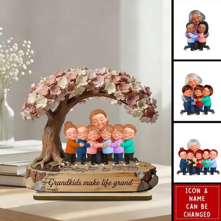 Grandma And Grandkids Under Blossom Tree - Personalized 2-Layered Wooden Plaque - Gift For Mom