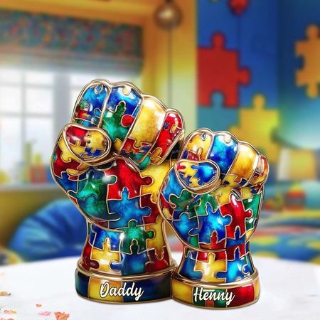 Autism Hand Dad And Kid - Personalized Autism Awareness Custom Shaped Acrylic Plaque
