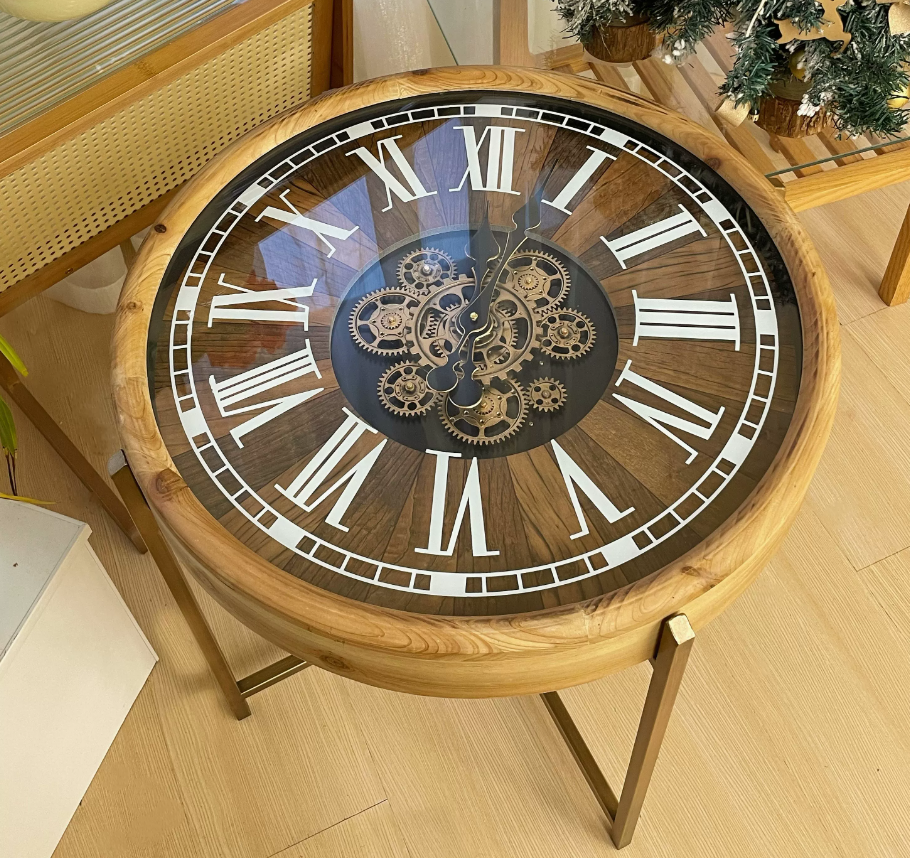 Retro clock gear small coffee table Solid wood